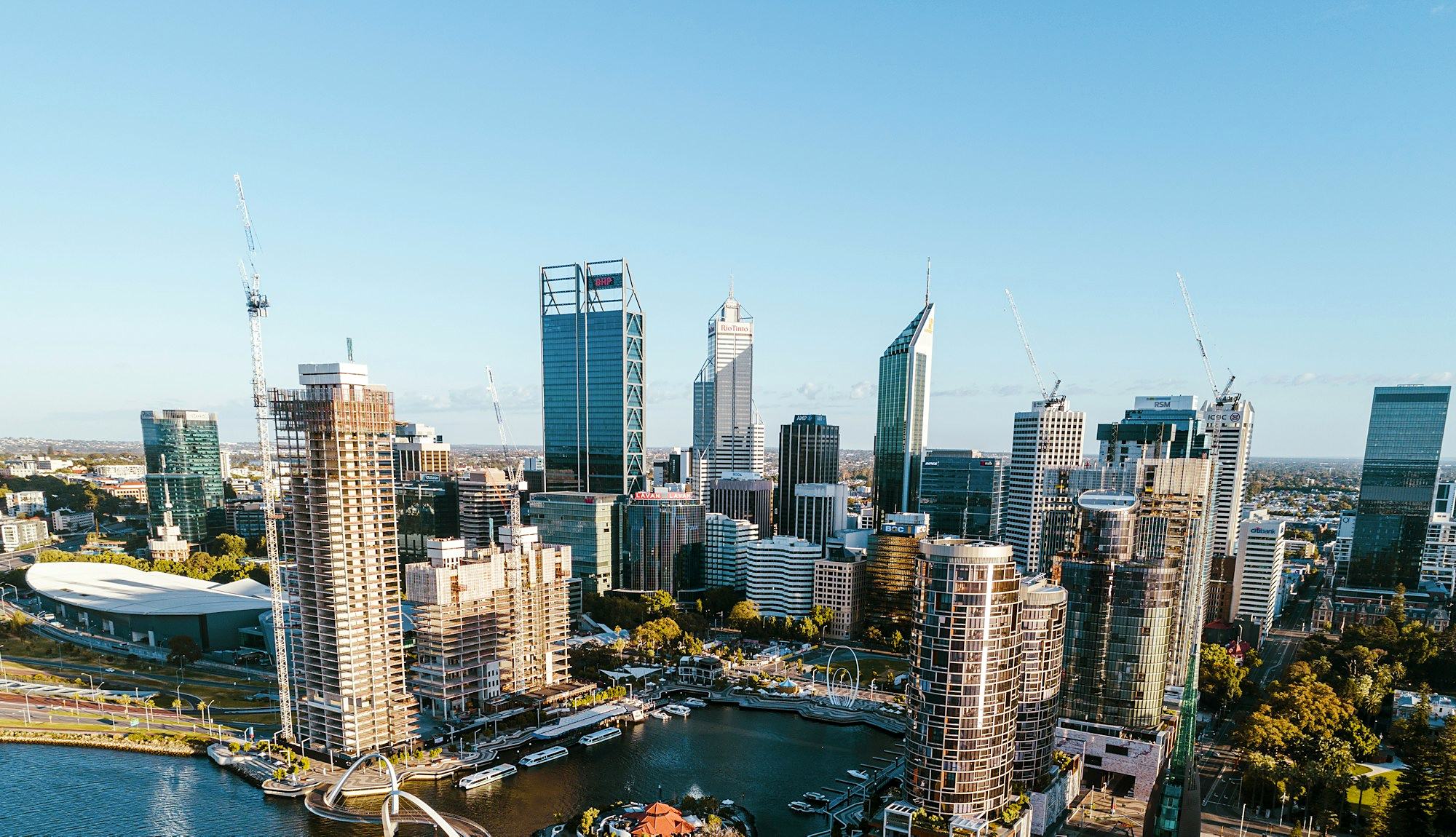 Aerial view of Elizabeth Quay and the Perth CBD skyline